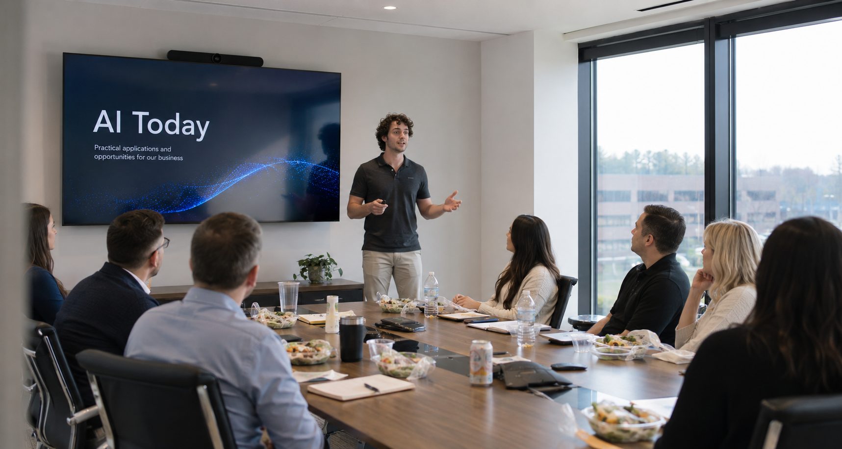 Illustration of an AI lunch-and-learn session: presenter at the head of a boardroom table with an audience seated around it.